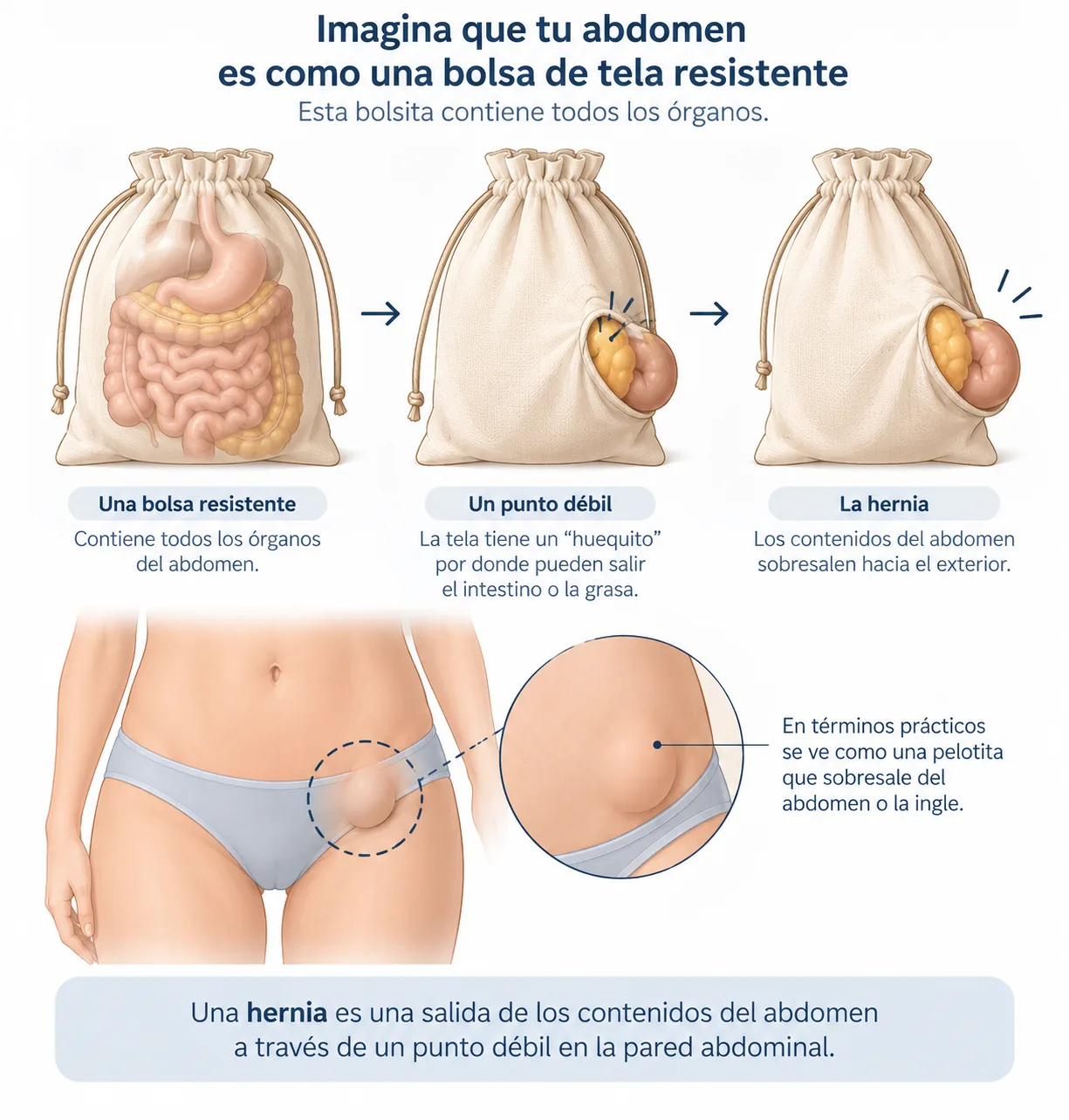 Explicación de la hernia: el abdomen como una bolsa de tela con un punto débil por donde sobresalen el intestino o la grasa