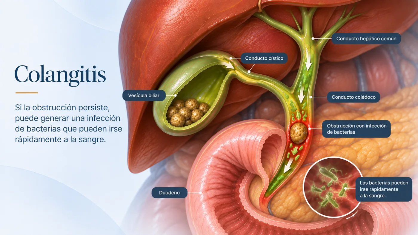 Colangitis: si la obstrucción del colédoco persiste, puede generar una infección de bacterias que pueden pasar rápidamente a la sangre