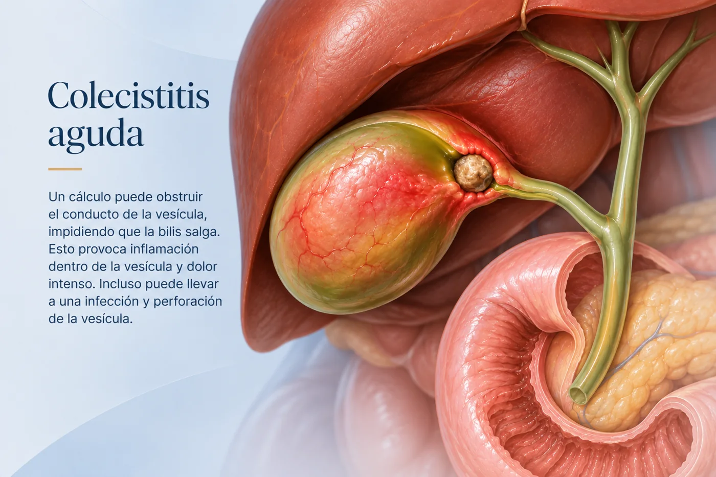 Colecistitis aguda: un cálculo obstruye el conducto de la vesícula, impidiendo que la bilis salga, lo que provoca inflamación, dolor intenso y puede llevar a infección y perforación de la vesícula